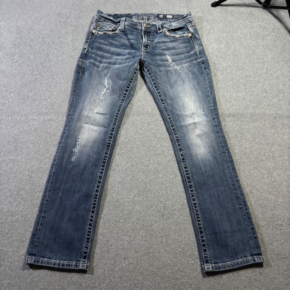 Miss Me Easy Straight Jeans Womens 30 Blue Distressed Embellished JEB452ETR